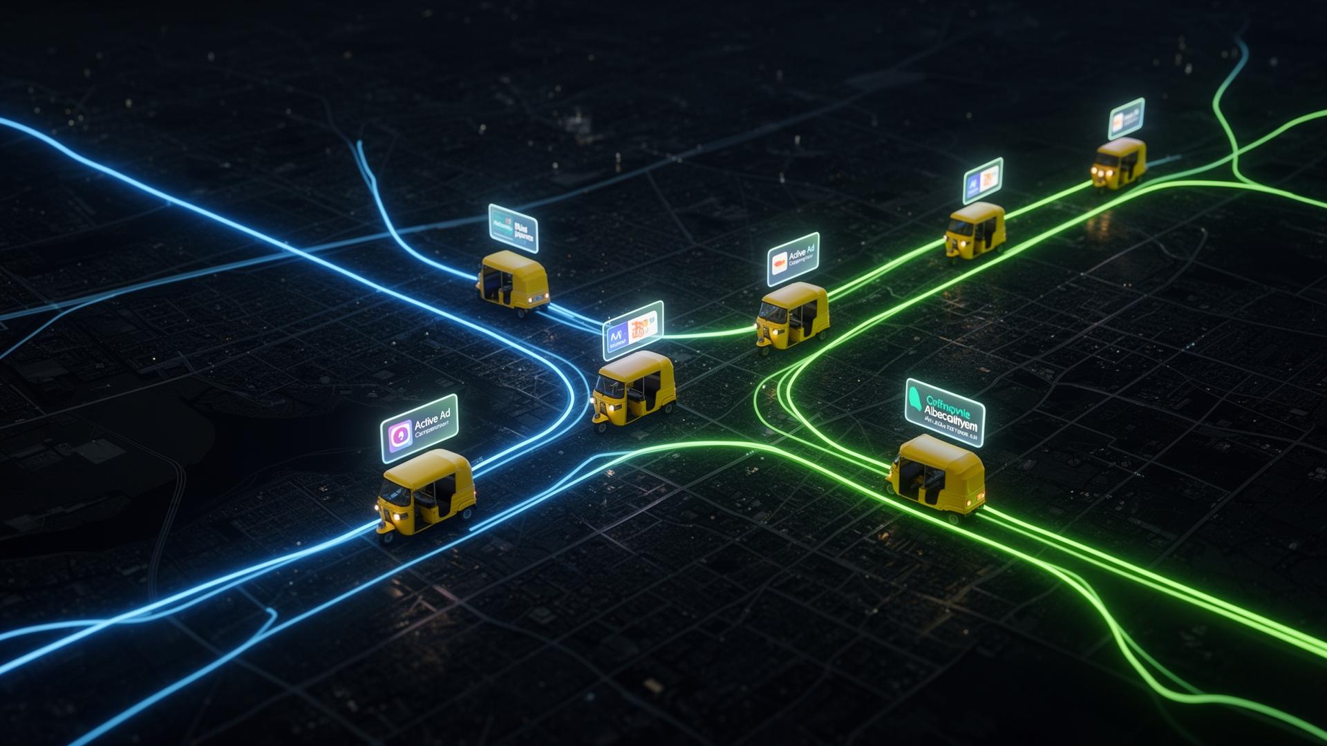 Auto-rickshaws moving along glowing routes across a city map with active ad markers