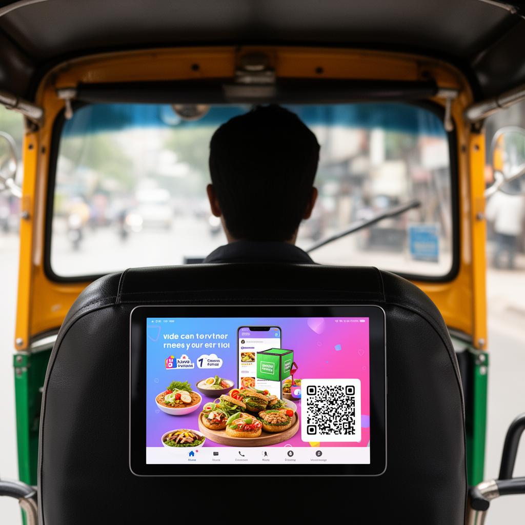 Passenger view of a smart screen behind the auto driver seat playing a food brand ad with QR code