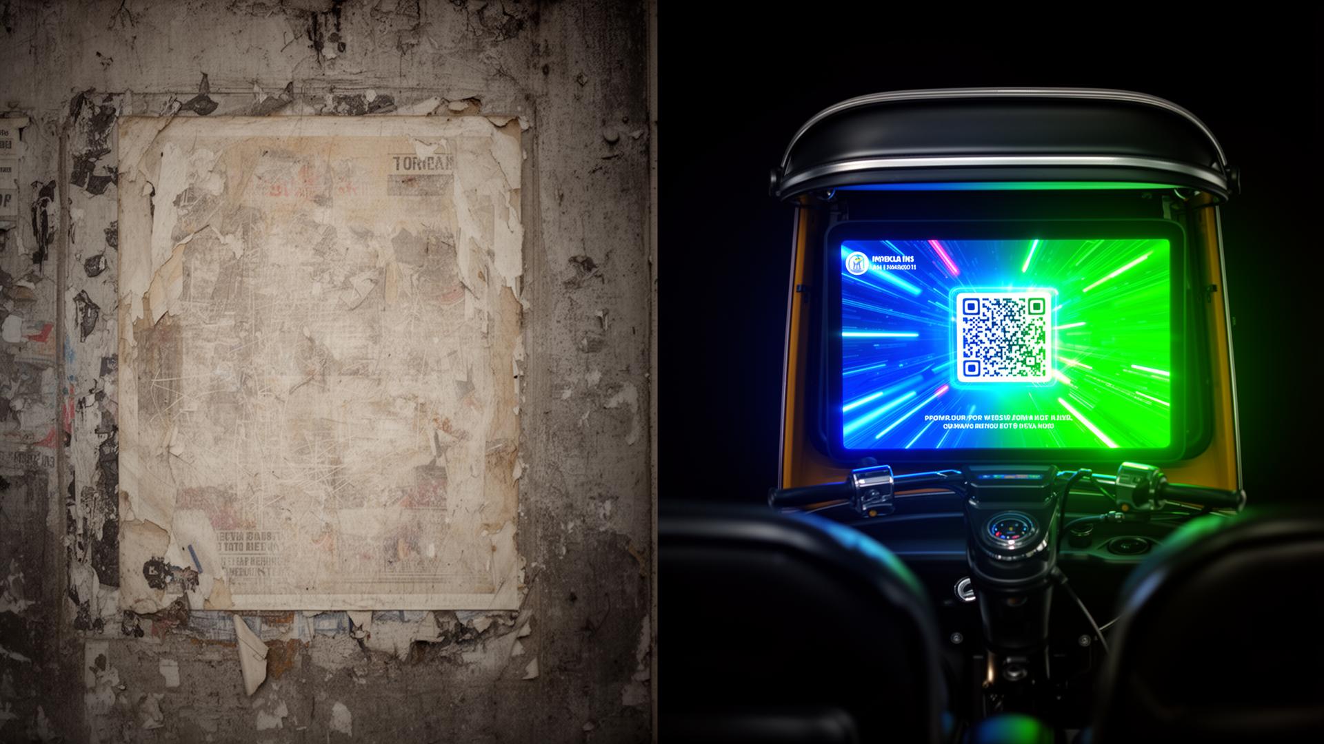 Comparison between a faded paper poster and a glowing smart digital ad screen inside an auto